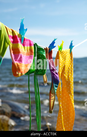 Swimming costumes drying on a clothes-line. Stock Photo