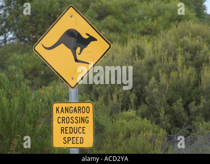 KANGAROO WILDLIFE WARNING ROAD SIGN, INNES NATIONAL PARK, SOUTHERN YORKE PENINSULA, SOUTH AUSTRALIA Stock Photo