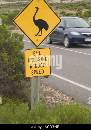 EMU WARNING ROAD SIGN, INNES NATIONAL PARK, SOUTHERN YORKE PENINSULA, SOUTH AUSTRALIA, Stock Photo