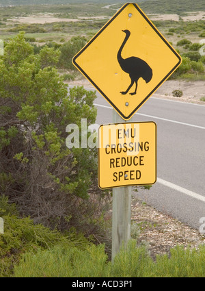 EMU WARNING ROAD SIGN, INNES NATIONAL PARK, SOUTHERN YORKE PENINSULA, SOUTH AUSTRALIA, Stock Photo