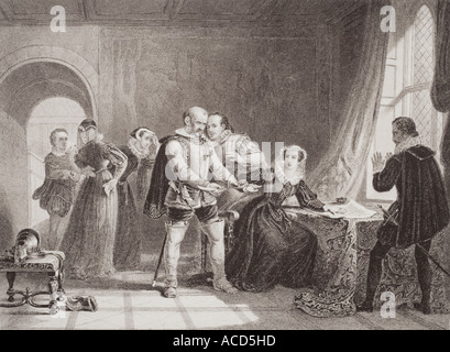 Mary Queen of Scots compelled to sign her abdication in Lochleven Castle, 1567. Stock Photo