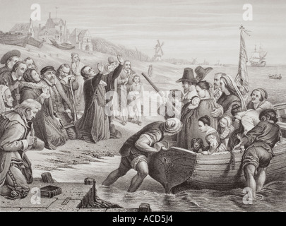 Departure of the Pilgrim Fathers from Delfshaven, July 1620. Stock Photo