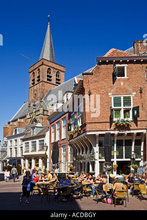 Dutch pavement bar and cafe in Amersfoort, Netherlands, Holland and St Joriskerk church Stock Photo