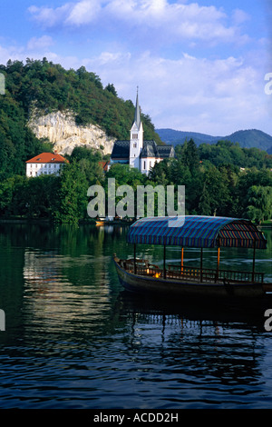 Slovenia - Bled lake - pletna in front of St. Martin Church Stock Photo