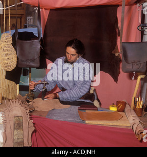 Traditional leather craftsman at Medieval Market / Craft Fair, Palma de Mallorca, Balearic Islands, Spain. 5th March 2007. Stock Photo