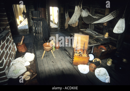 Interior of the replica of the Pilgrim Fathers ship the  'Mayflower'  in which they sailed to the New World.America,Plymouth,USA Stock Photo