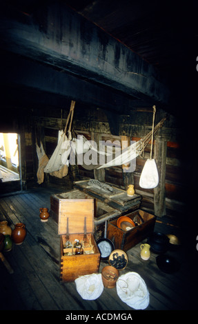 Interior of the replica of the Pilgrim Fathers ship the  'Mayflower'  in which they sailed to the New World.America,Plymouth,USA Stock Photo