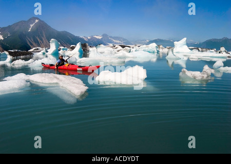 Woman in red kayak paddles through icebergs in Bear Glacier Lagoon Resurrection Bay Kenai Fjords National Park Alaska Stock Photo