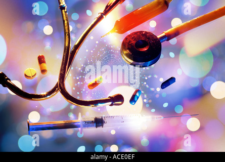SYRINGE PILLS AND STETHOSCOPE Stock Photo
