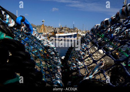 industrial fishing trawlers line up in Fraserburgh harbour, aberdeenshire, Scotland's 2nd biggest fishing port Stock Photo