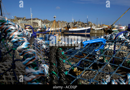 industrial fishing trawlers line up in Fraserburgh harbour, aberdeenshire, Scotland's 2nd biggest fishing port Stock Photo