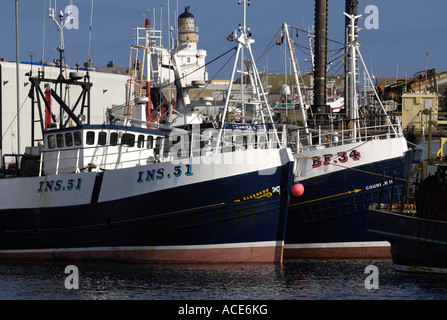 industrial fishing trawlers line up in Fraserburgh harbour, aberdeenshire, Scotland's 2nd biggest fishing port Stock Photo