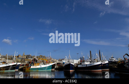 industrial fishing trawlers line up in Fraserburgh harbour, aberdeenshire, Scotland's 2nd biggest fishing port Stock Photo