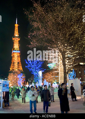World famous Sapporo Snow Festival in Hokkaido illuminated at night with thousands of sparkling lights Stock Photo