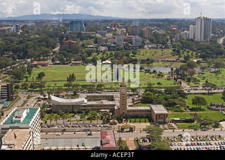 Central Nairobi from top of KICC to Parliament Buildings with Uhuru Park in background Stock Photo