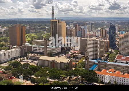 Central Nairobi from top of KICC to business and commercial areas with Holy Family Cathedral and City Hall in foreground Stock Photo