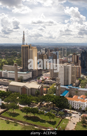 Central Nairobi from top of KICC to business and commercial areas with Holy Family Cathedral and City Hall in foreground Stock Photo