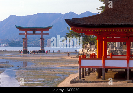 View of giant floating torii gate at Itsukushima Jinja shrine on Miyajima island near Hiroshima Stock Photo
