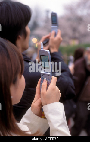 Japanese couple with cell phone camera technology capture a spring time scene in Japan. Stock Photo