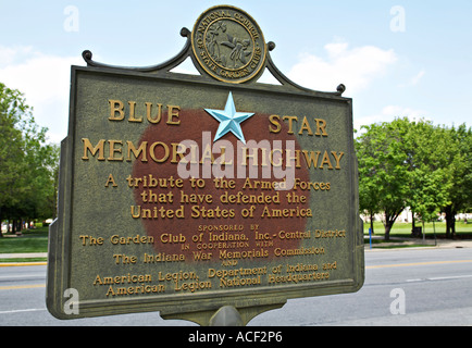 INDIANA Indianapolis Blue Star Memorial Highway sign near Veterans Memorial Plaza in downtown historic district Stock Photo