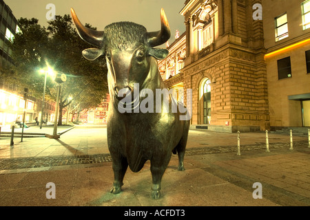 Germany Frankfurt bull in front of stock exchange twilight Stock Photo