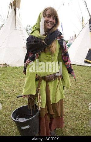 Zeilla, shamanic camper and 'trance dance facilitator' in the tipi field at the Glastonbury Festival 2007 Stock Photo