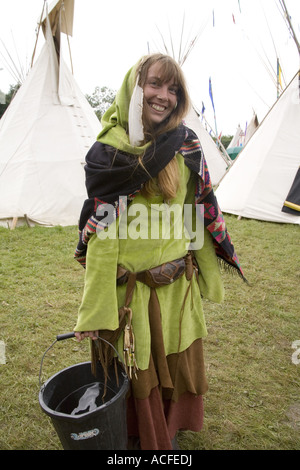 Zeilla, shamanic camper and 'trance dance facilitator' in the tipi field at the Glastonbury Festival 2007 Stock Photo