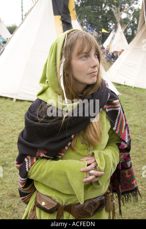 Zeilla, shamanic camper and 'trance dance facilitator' in the tipi field at the Glastonbury Festival 2007 Stock Photo