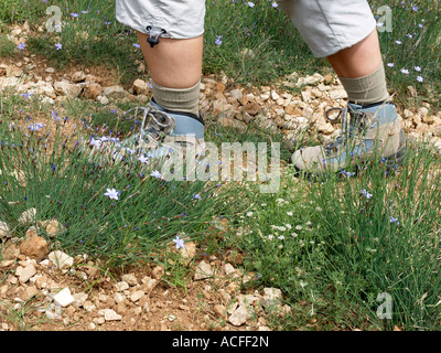MR tracking hiking in the nature legs and feet with tracking hiking shoes on a stony road Stock Photo