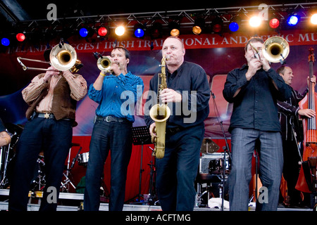 Brass musical instrument section. Trombones, trumpets, saxophones Horn section Stock Photo