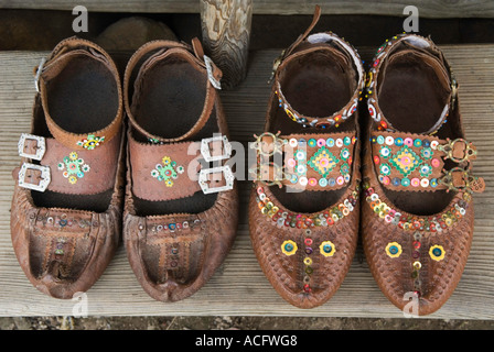 Antique leather shoes of the Hutsul Hutzul traditional ethnic costume in Hutsulshyna Hutzulshyna  Carpathian Mountains Western U Stock Photo