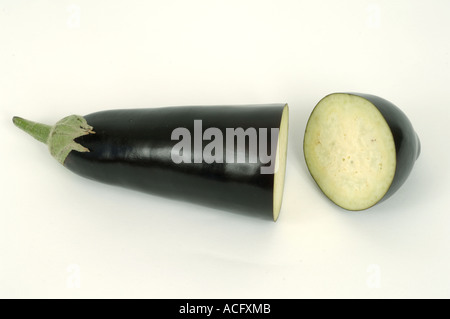 Vegetable produce typical supermarket bought aubergines Stock Photo