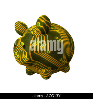 Circuit board imprinted piggy bank signifying electronic savings Stock Photo