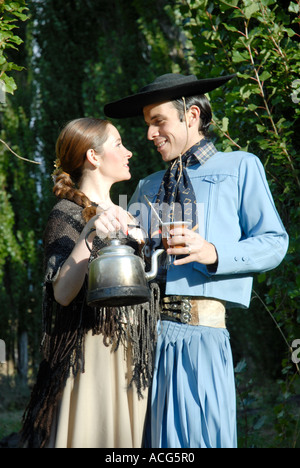 Dancers in Patagonian traditional costumes on an estancia El Calafate Patagonia Argentina Stock Photo