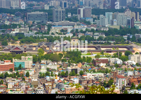 Aerial of Gyongbokgung Palace and Urban Seoul South Korea Stock Photo