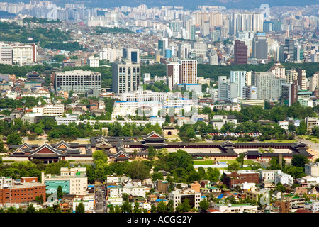 Aerial of Gyongbokgung Palace and Urban Seoul South Korea Stock Photo