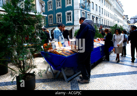 Lisbon Portugal Rua Augusta People Apartments Shops and Book Fair Stock Photo