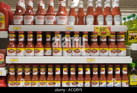 Selection of tomato ketchup kecup for sale in Tesco Bratislava Slovakia Stock Photo