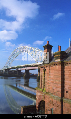 Runcorn-Widnes Road Bridge (The Silver Jubilee Bridge) from  Widnes West bank, England Feb 2006 Stock Photo