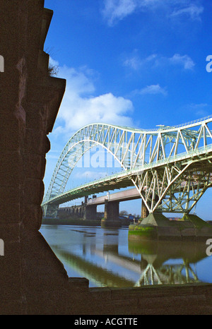 Runcorn-Widnes Road Bridge (The Silver Jubilee Bridge) from  Widnes West bank, England Feb 2006 Stock Photo