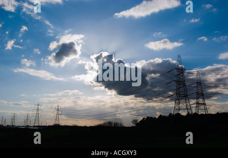 National Grid Electricity Pylons carrying power from Sizewell A and B nuclear power stations off the Suffolk coast, Suffolk, UK Stock Photo