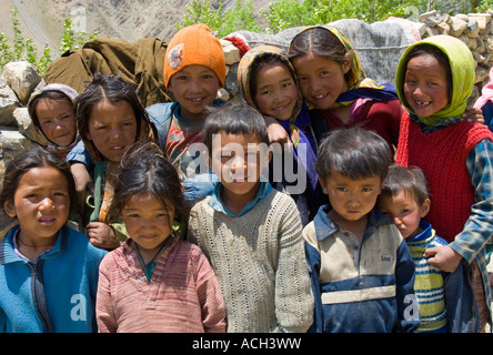 India Himachal Pradesh Spiti Pin valley Mud village of Tellin group of local children pausing for the camera Stock Photo