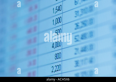 closeup of spreadsheet data on computer screen Stock Photo