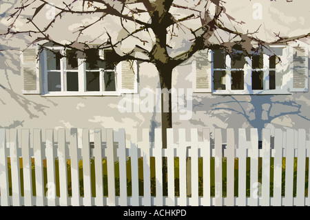 Experimental Picture, Fence, tree, house Stock Photo