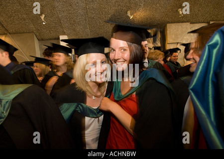 Aberystwyth University wales students graduating 2007 - two happy smiling  girls after their graduation ceremony in cap and gown Stock Photo