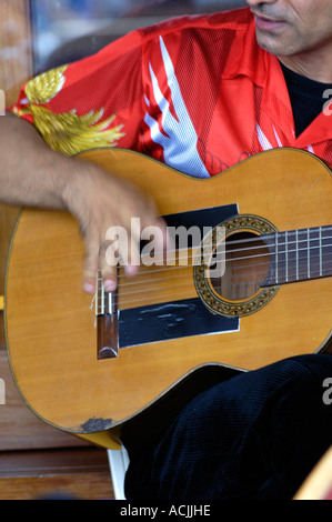 spanish flamenco guitarist in red shirt and black beret Stock Photo