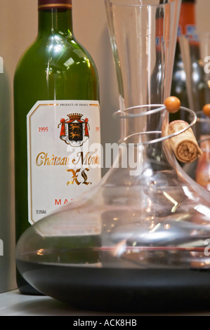 Chateau Montus XL 1995 Madiran in bottle and in a carafe decanter. France Madiran France Stock Photo