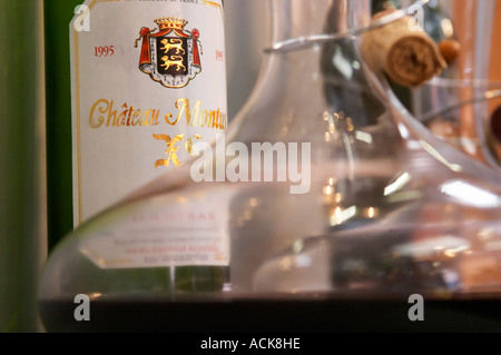 Chateau Montus XL 1995 Madiran in bottle and in a carafe decanter. France Madiran France Stock Photo