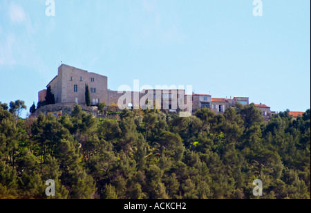 View from Domaine de la Tour du Bon the hilltop village Le Castellet perched on a mountain top Domaine de la Tour du Bon Le Castellet Bandol Var Cote d’Azur France Stock Photo