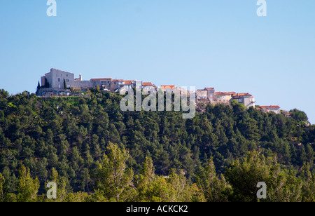 View from Domaine de la Tour du Bon the hilltop village Le Castellet perched on a mountain top Domaine de la Tour du Bon Le Castellet Bandol Var Cote d’Azur France Stock Photo